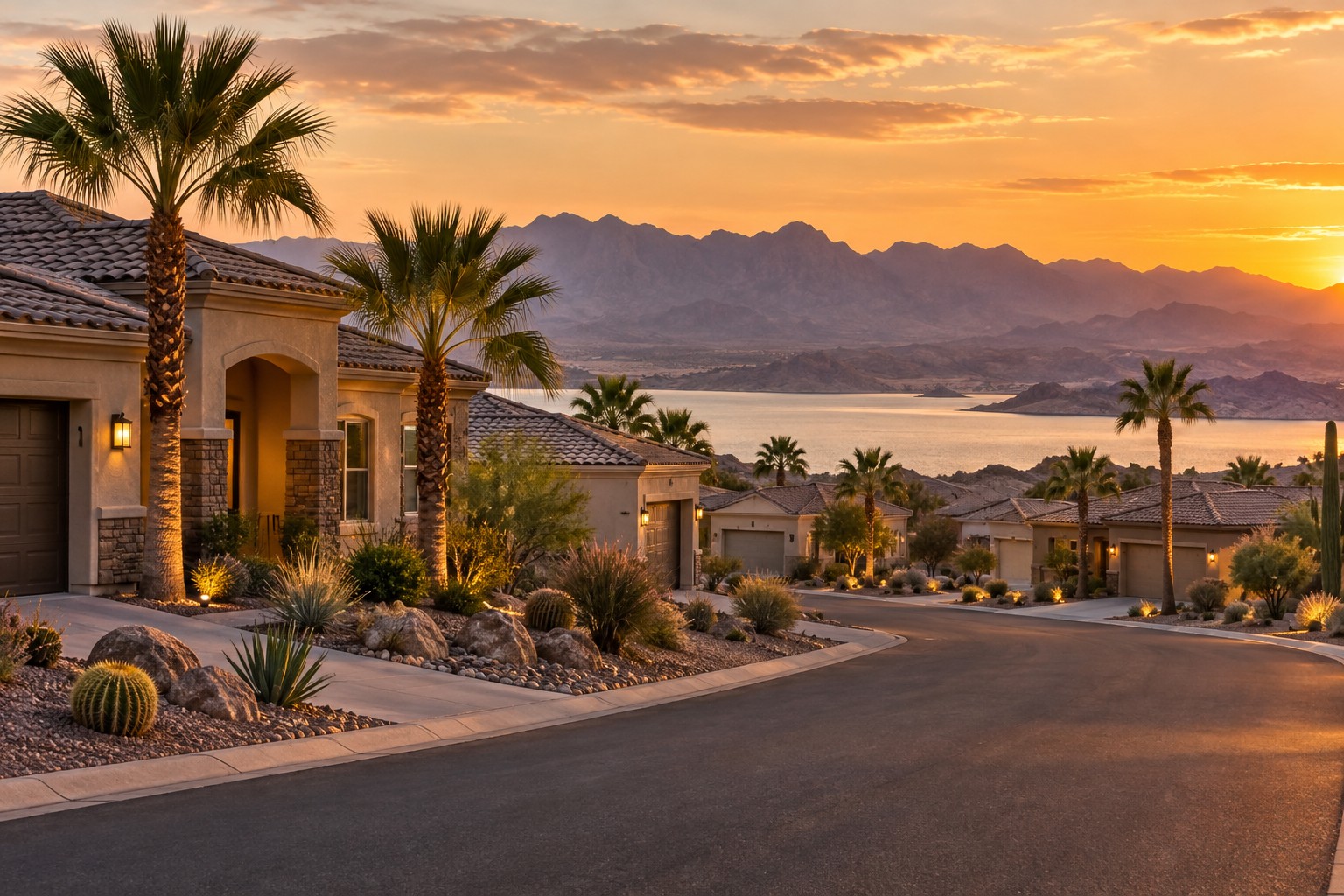 An upscale Lake Havasu City, Arizona desert neighborhood street at dusk