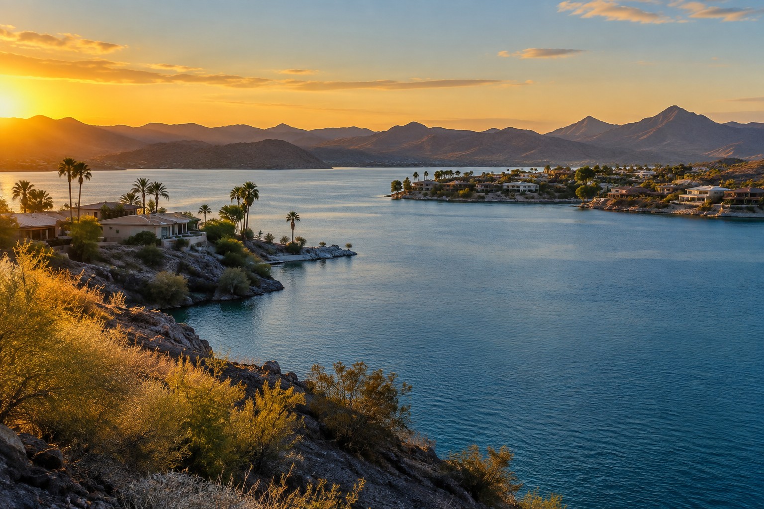 A wide Lake Havasu region view at golden hour
